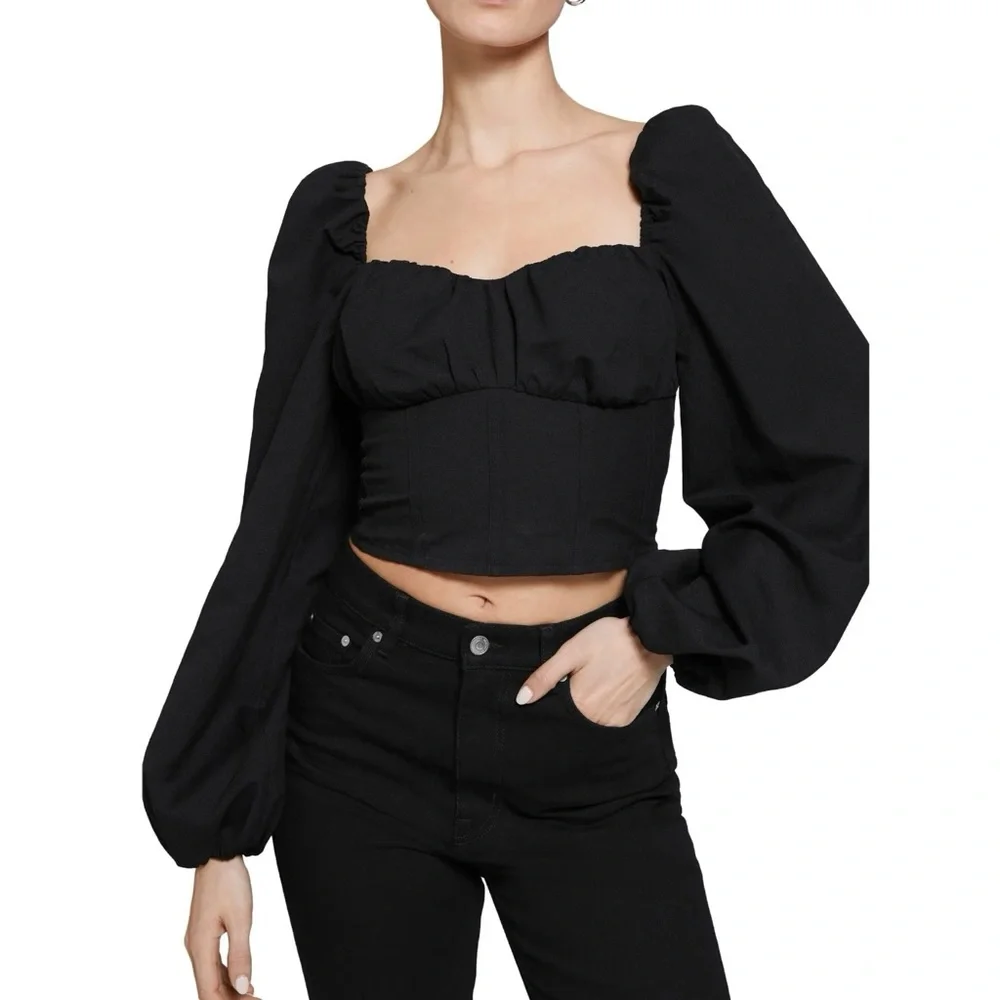 NEW & OTHER STORIES BLACK PUFF SLEEVE CROP TOP - Picture 1 of 5